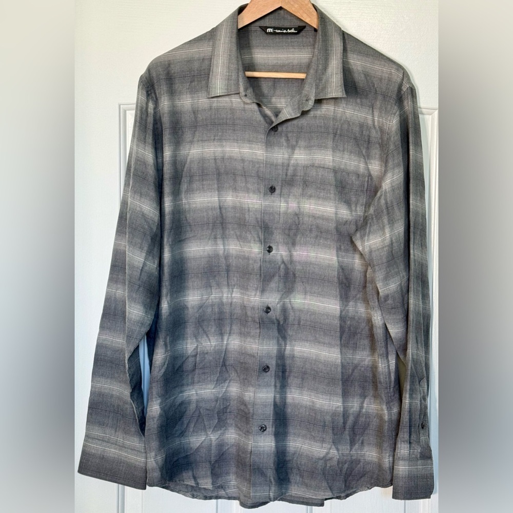 TravisMathew Men’s Long Sleeve Button-Up Shirt Gray Plaid Soft Stretch L